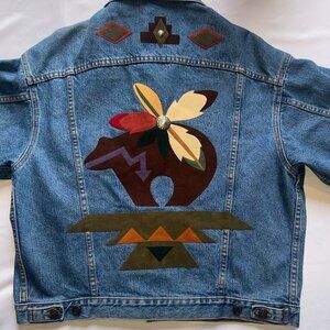 Vintage Sacred Mountain Studio Santa Fe Denim Jacket Boho Aztec Suede Western